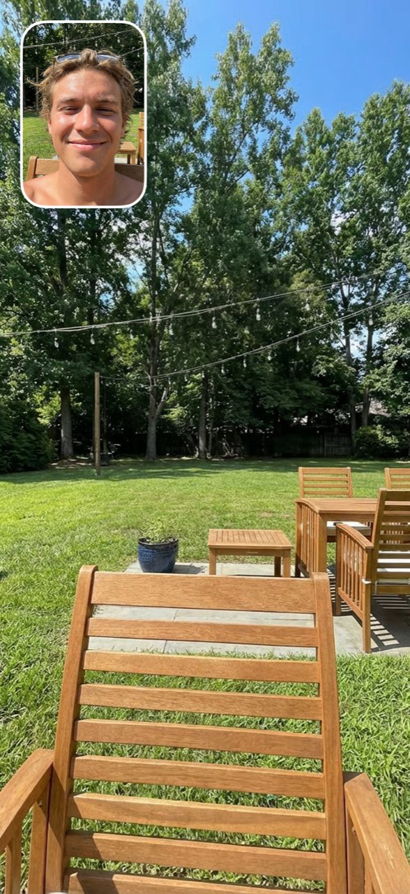 Dual photo: a sunny garden with a selfie window