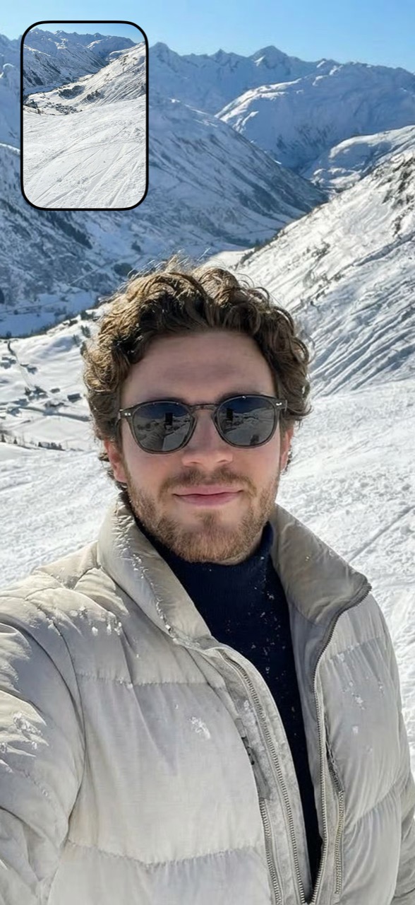 Dual photo: snowy mountain with a selfie window