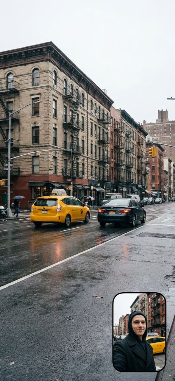 Dual photo: a rainy New York street with a selfie window