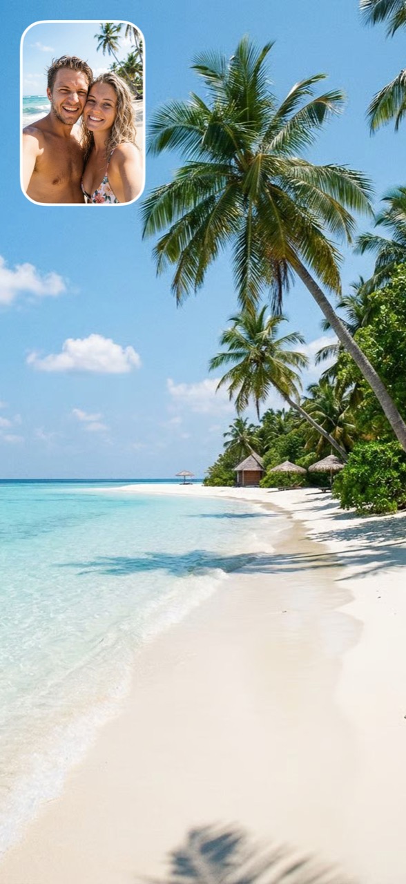 Dual photo: a tropical beach, a couple’s selfie in the corner