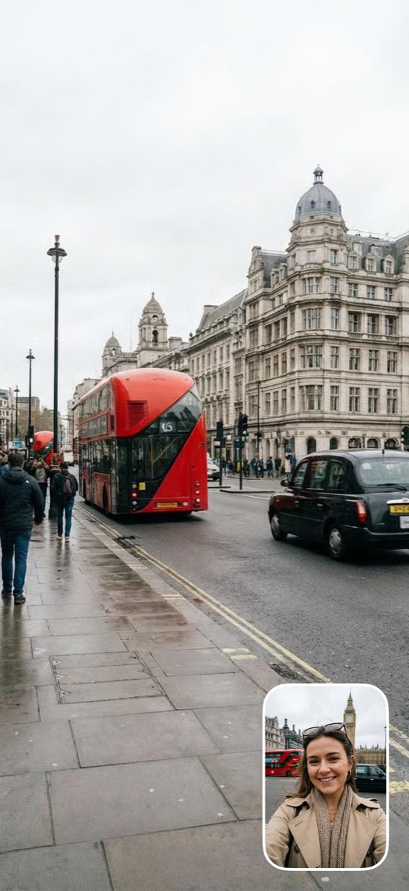 Dual photo: a London street with a selfie window